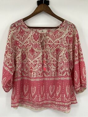 NATURAL LIFE Heidi Pink and Cream Paisley Peasant Blouse